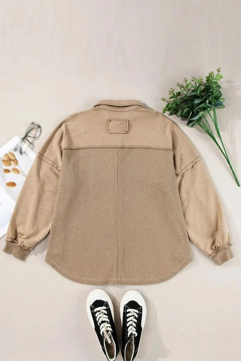Waffle-Knit Collared Neck Long Sleeve Shacket - Love Salve